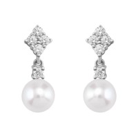 Boucles d'oreilles Or Blanc 375/1000 Perles Trio Brillant Perles Blanches  et Diamants: 0,02ct/2