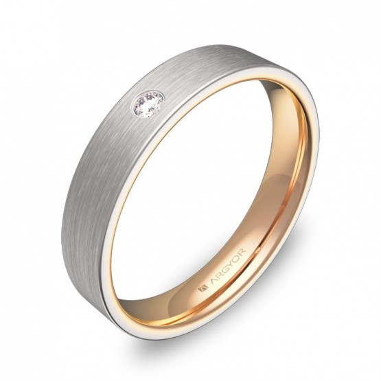 Alianza de boda plana en oro bicolor satinado con diamante D1140S1BR