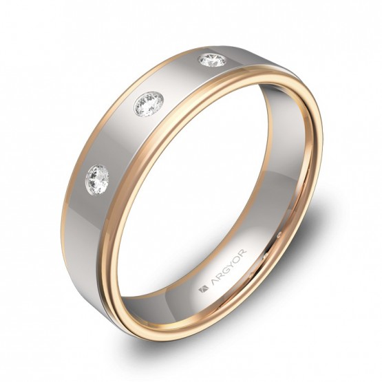 Alianza de boda plana con biseles en oro bicolor 3 diamantes D1850P3BR
