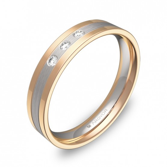 Alianza de boda plana con ranuras en oro bicolor 3 diamantes D2540C3BR