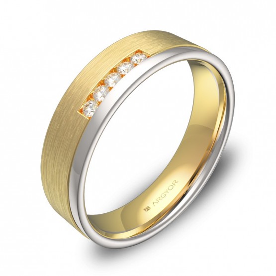 Alianza de boda de oro bicolor plana con ranuras 5 diamantes D2850C5BA